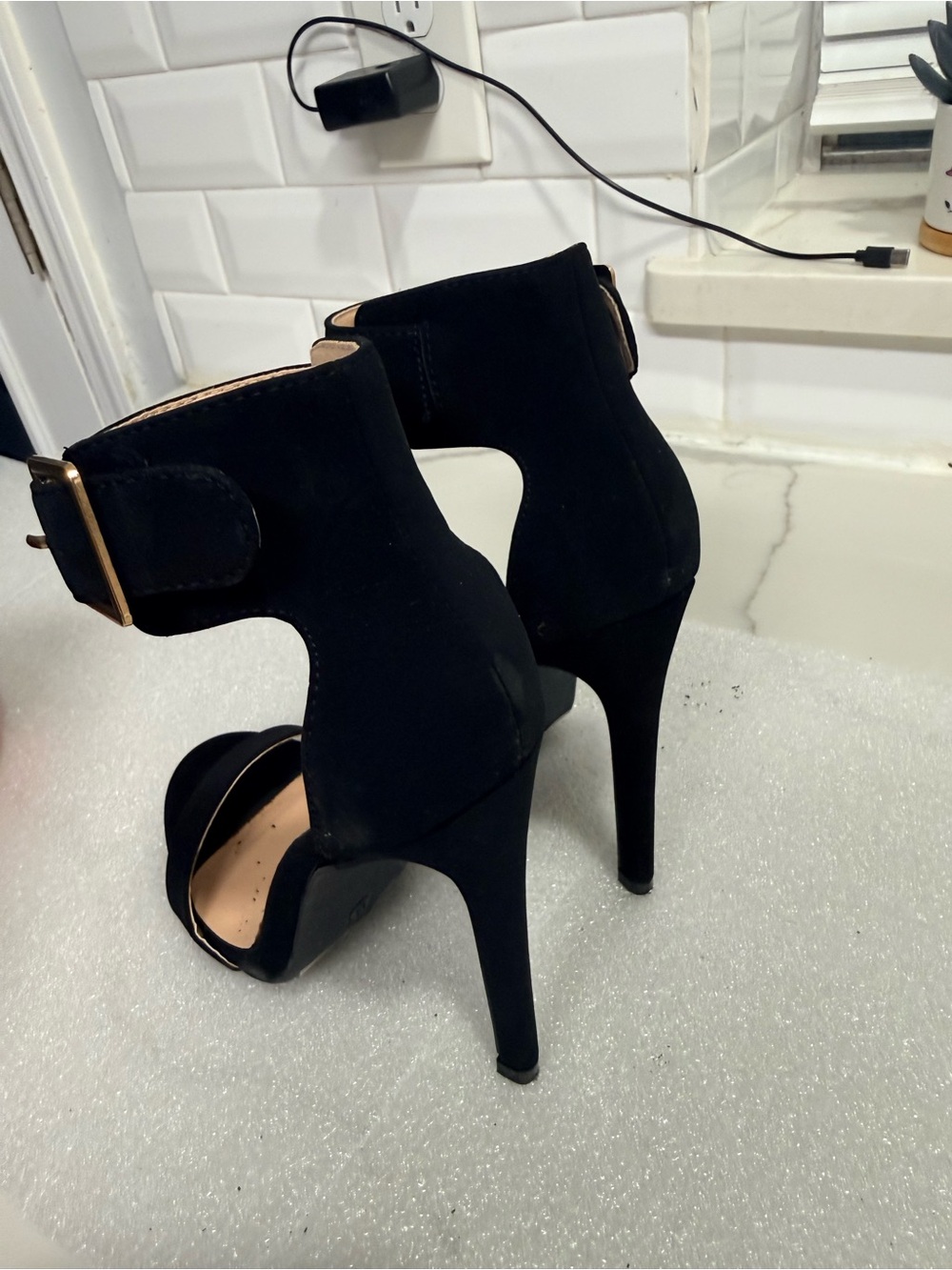 Glaze Black Suede Ankle-Strap Stiletto Heels - Picture 2 of 8